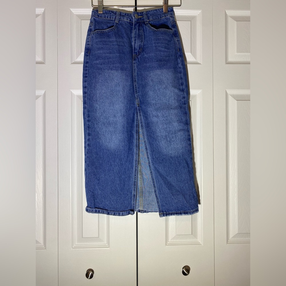 Classic Blue Denim Midi Skirt